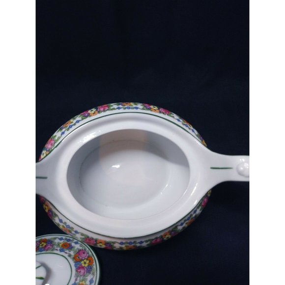 Beautiful Rose Red Green White Ceramic Sugar Bowl W/Holder Led F&W Mark Sign - Picture 3 of 12